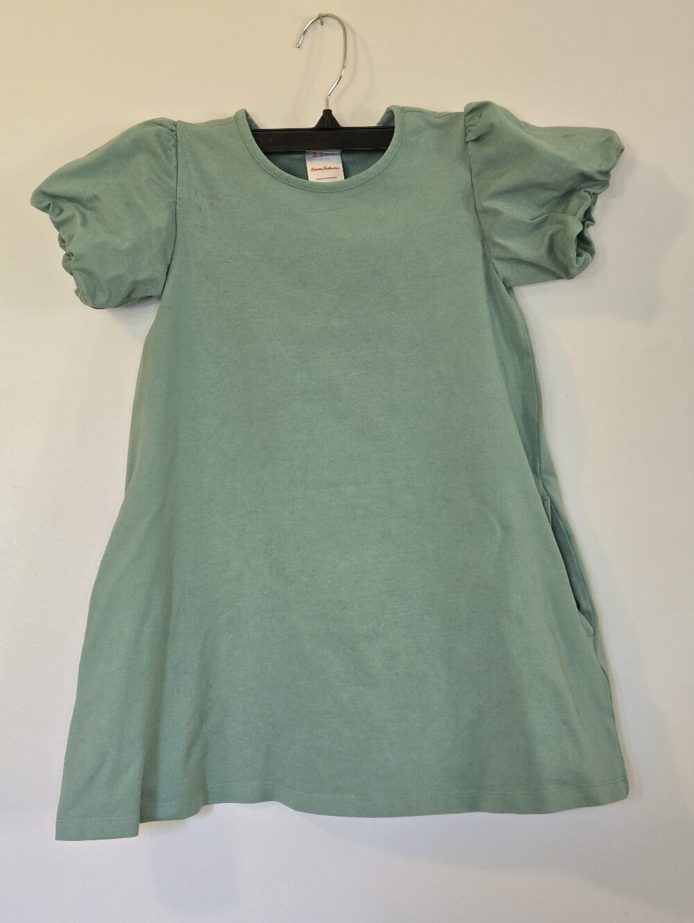 Hanna Andersson Girls A-Line Dress Sage Size 6-7 Puff Sleeves Organic Minimalist
